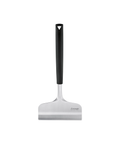 An upright kitchen spatula with a black handle and a stainless steel flat blade, shown against a plain white background.