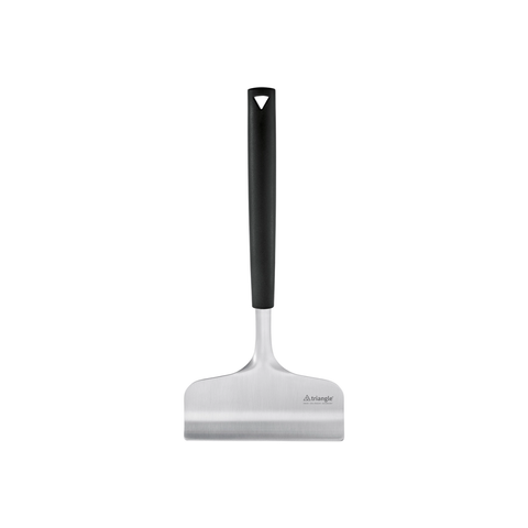 An upright kitchen spatula with a black handle and a stainless steel flat blade, shown against a plain white background.