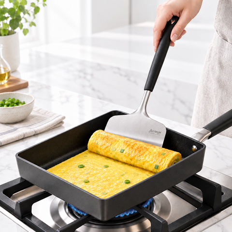A person's hand uses a spatula to flip a rolled omelet in a black nonstick frying pan on a gas stove, with a marble kitchen countertop and green onions in a bowl in the background.