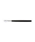 Side view of a metal teaspoon with black plastic handle on a white background.