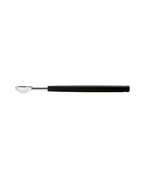 Side view of a metal teaspoon with black plastic handle on a white background.