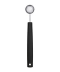 A single metal teaspoon with a black handle centered on a plain white background. 