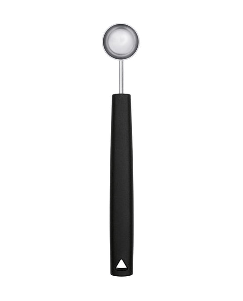 A single metal teaspoon with a black handle centered on a plain white background. 