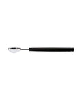 Side view of a metal teaspoon with black plastic handle on a white background.