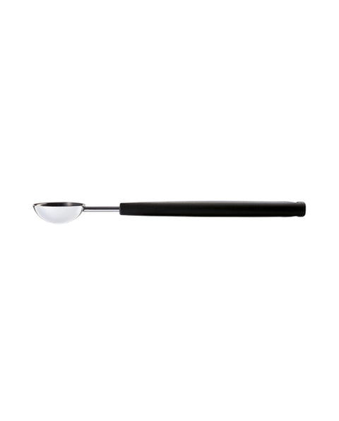 Side view of a metal teaspoon with black plastic handle on a white background.