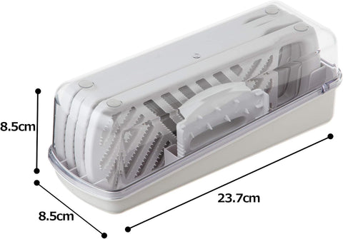 A white plastic mandoline slicer set with a clear plastic lid, shown with dimension lines and labels indicating measurements of 23.7cm length by 8.5cm.