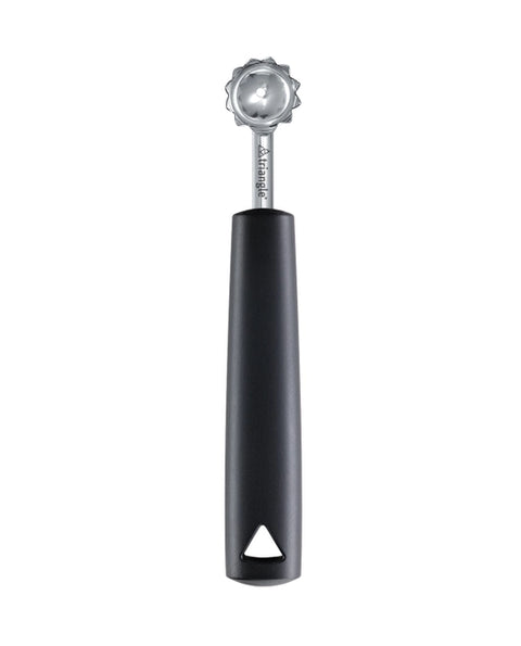 A kitchen tool with a black handle and a silver metal head, shown vertically on a plain white background. The handle has a triangular hole near the bottom and the metal shaft is branded with the text 'triangle'.