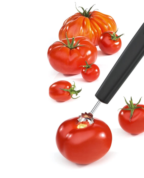 A tomato peeler and slicer tool with a black handle is shown peeling a red tomato on a white background, with additional whole tomatoes scattered behind it.