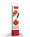 Triangle Tomato Destalker tool in its retail packaging, featuring a white box with red branding and a photo of the black-handled tool being used to remove a tomato core.