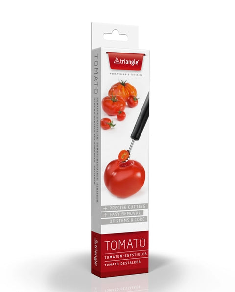 Triangle Tomato Destalker tool in its retail packaging, featuring a white box with red branding and a photo of the black-handled tool being used to remove a tomato core.