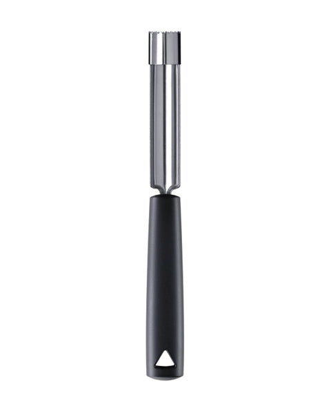 A vertical stainless steel and plastic handled apple corer on a white background.