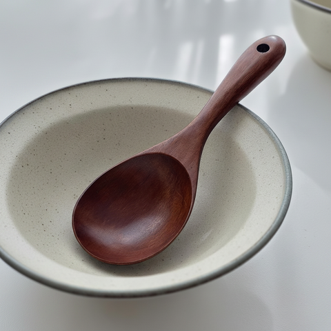 A dark reddish-brown wooden serving spoon with a hole in the handle, resting inside a speckled beige ceramic bowl on a white surface.