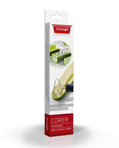 Retail packaging for a vegetable corer with an image showing the tool coring zucchini by the brand 'Triangle'.