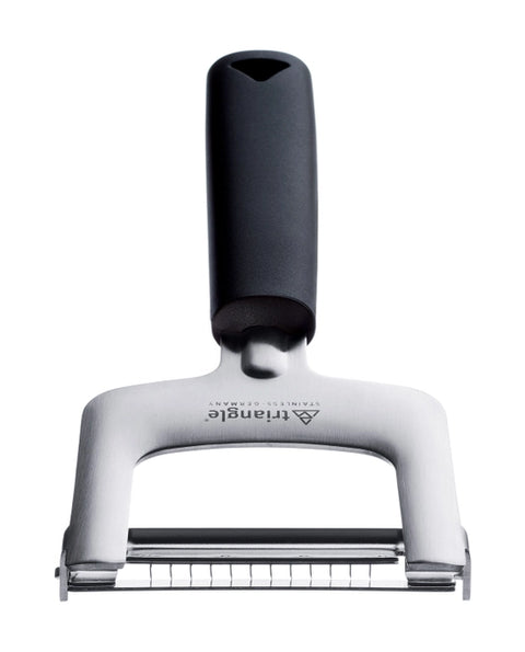 Triangle stainless steel julienne peeler with a black handle, shown against a plain white background.