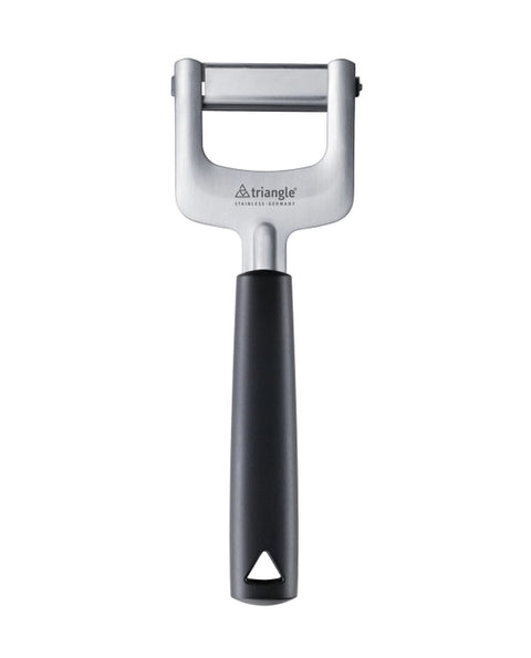 Peeler with black handle and silver blade on a white background, featuring the brand 'Triangle'.