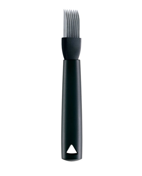 A black plastic gherkin slicer knife ith fine stainless steel blades, shown vertically against a plain white background.