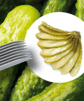 Green pickles with a gherkin slicer and sliced pickles on a white background