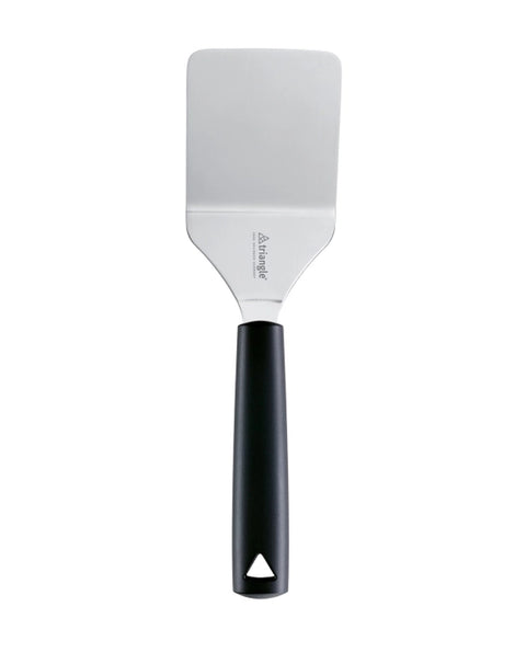 A metal spatula with a black handle, featuring the brand name 'triangle' printed on the blade, set against a plain white background.