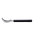 Side view of metal fruit spoon with black plastic handle on a white background.