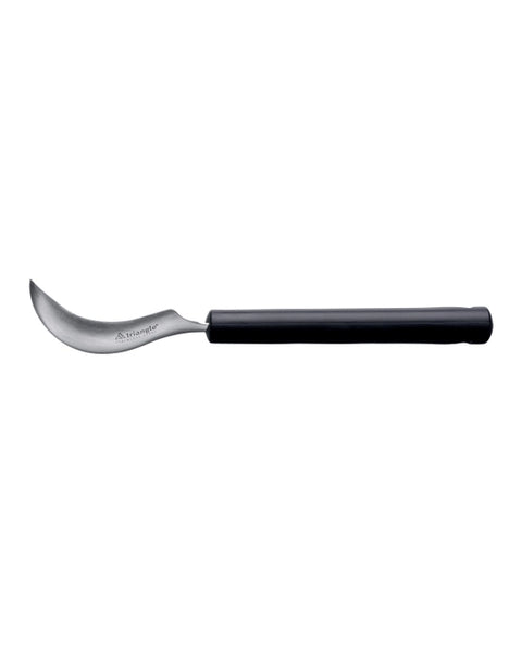 Side view of metal fruit spoon with black plastic handle on a white background.