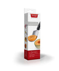 A boxed kitchen utensil called Löffel by triangle, shown upright on a white background. The retail package is mostly white with red panels and a photo of the utensil cutting a melon.