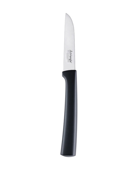 A kitchen knife with a black handle and a silver stainless steel blade, featuring the Triangle logo printed on the blade, set against a plain white background.