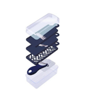 Mandoline slicer set featuring interchangeable plates, spaced and stacked on top of each other on a white background