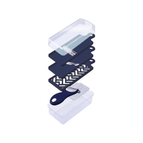 Mandoline slicer set featuring interchangeable plates, spaced and stacked on top of each other on a white background