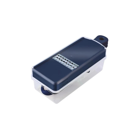 A countertop mandoline slicer with a dark navy blue top lid, a clear base, and a silver metal blade grid, shown on a plain white background.