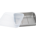 Stainless steel food container tray with a clear lid on a white background