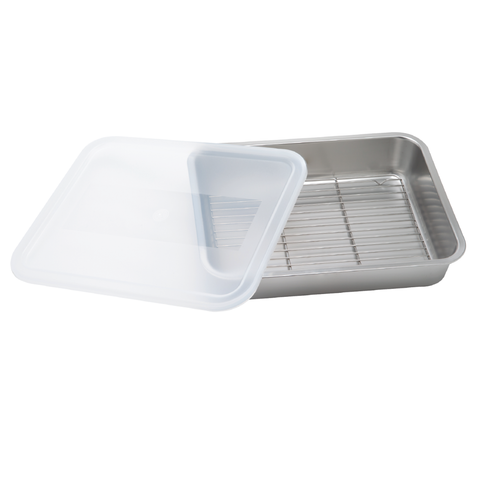 Stainless steel food container tray with a clear lid on a white background