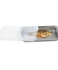 Fish on a metal food container tray with a plastic lid on a white background
