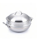 Stainless steel pot with lid on a white background