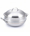Stainless steel pot with lid on a white background