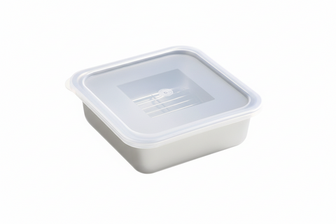 Rectangular food container with a lid on a white background