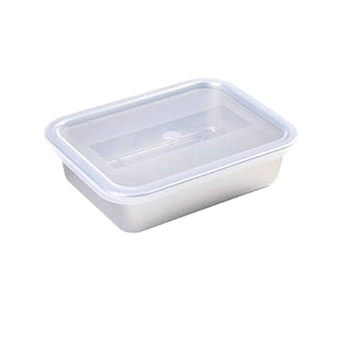 Metal rectangular container with a clear lid on a white background