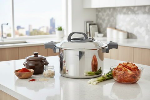 Stainless steel pot on a kitchen counter with ingredients