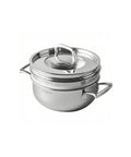 Stainless steel pot with lid and inserts on a white background