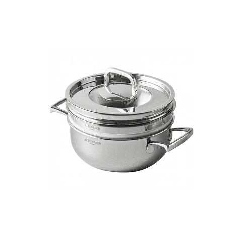 Stainless steel pot with lid and inserts on a white background