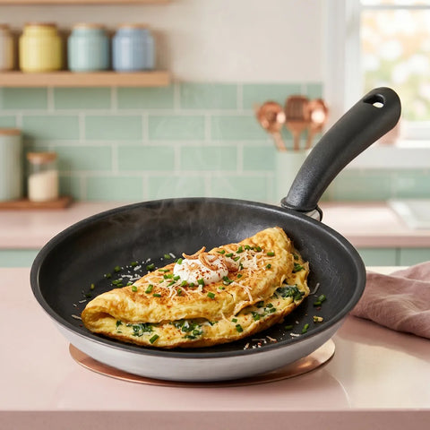 Omelette in a frying pan on a kitchen counter with a tiled backsplash.