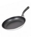 Black frying pan with a handle on a white background
