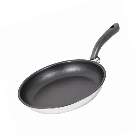 Black frying pan with a handle on a white background