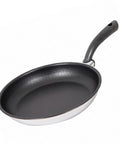 Black frying pan with a handle on a white background