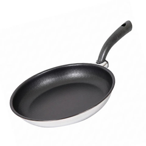 Black frying pan with a handle on a white background