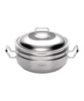 Stainless steel pot with lid on a white background