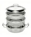 Stack of metal kitchen sieves with a lid on a white background
