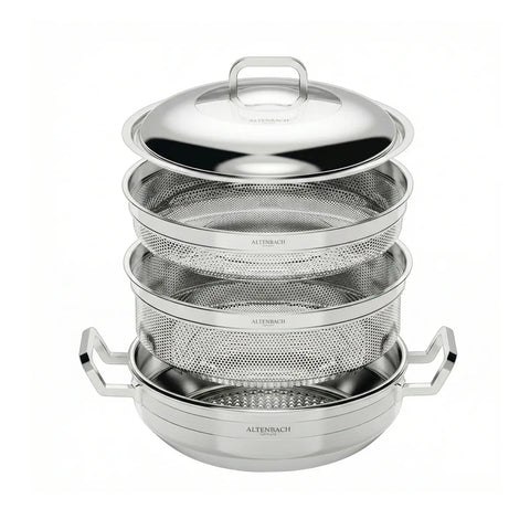 Stack of metal kitchen sieves with a lid on a white background