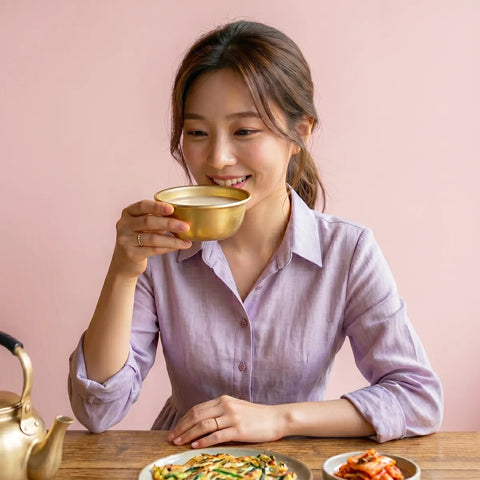 Woman drinking from a gold cup with a pink background