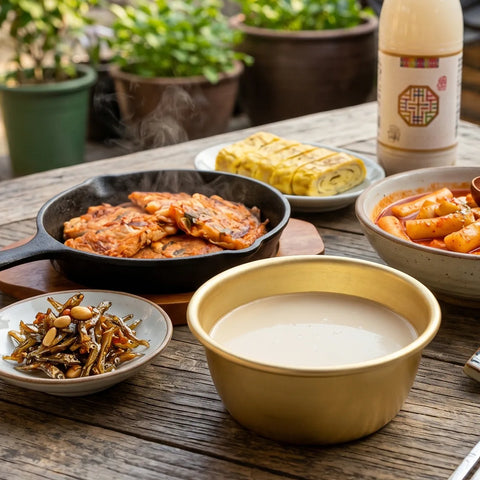 Assorted Korean dishes on a wooden table with a bottle of soy sauce in the background.