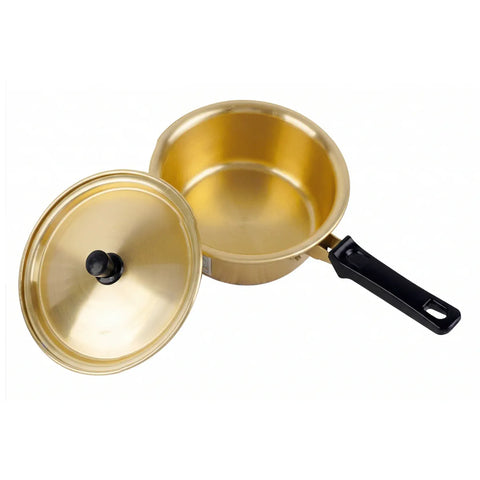 Gold-colored pot and lid with a black handle on a white background